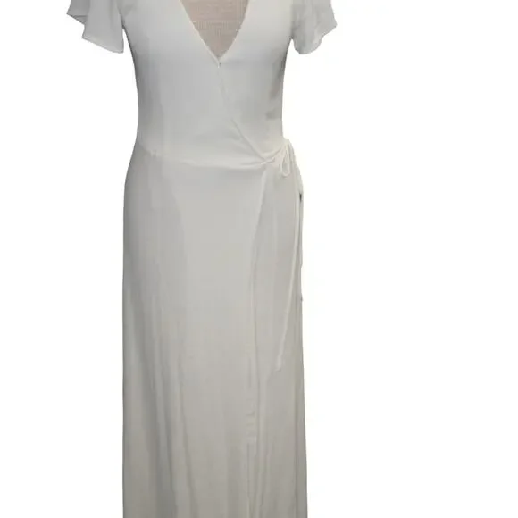 Lulus White Wrap Maxi Dress Flutter Sleeve Tie Waist Slit Boho Women’s M - Picture 11 of 15